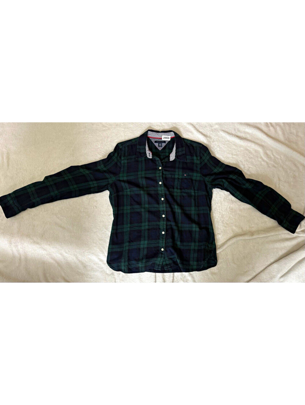 Tommy Hilfiger Mens L Green Blue Plaid Flannel Cotton Button Up Shirt Pockets